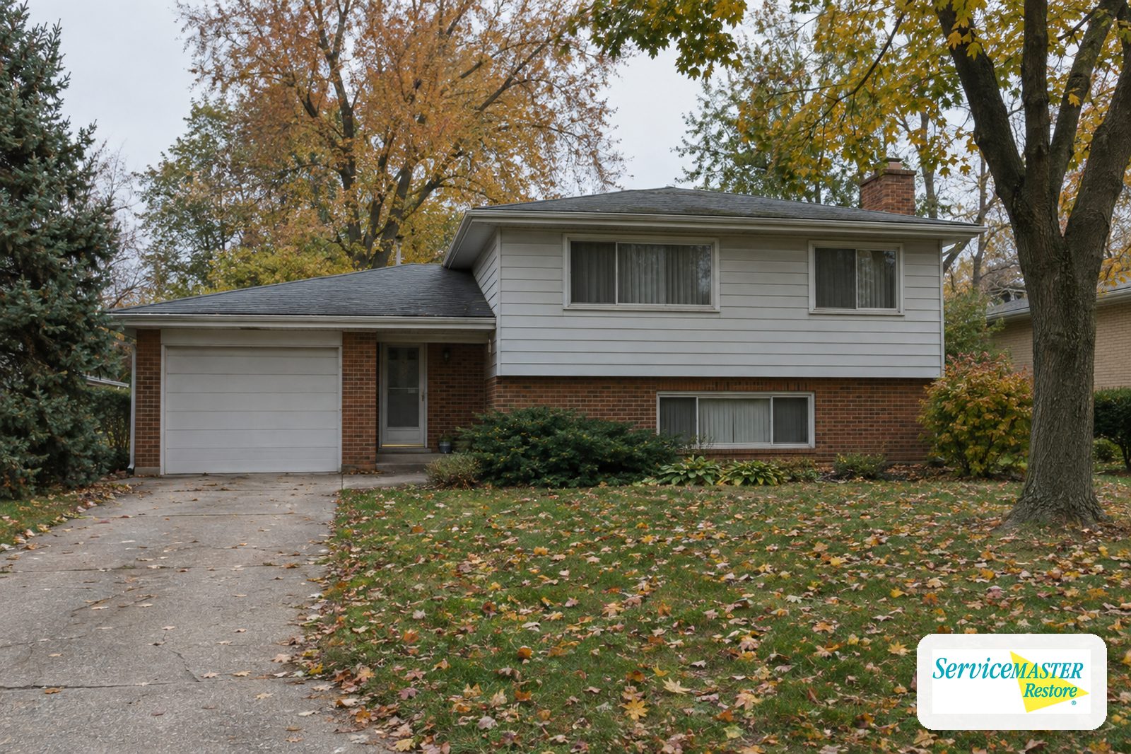 1970s split-level house with a brick lower level and siding above on a suburban street