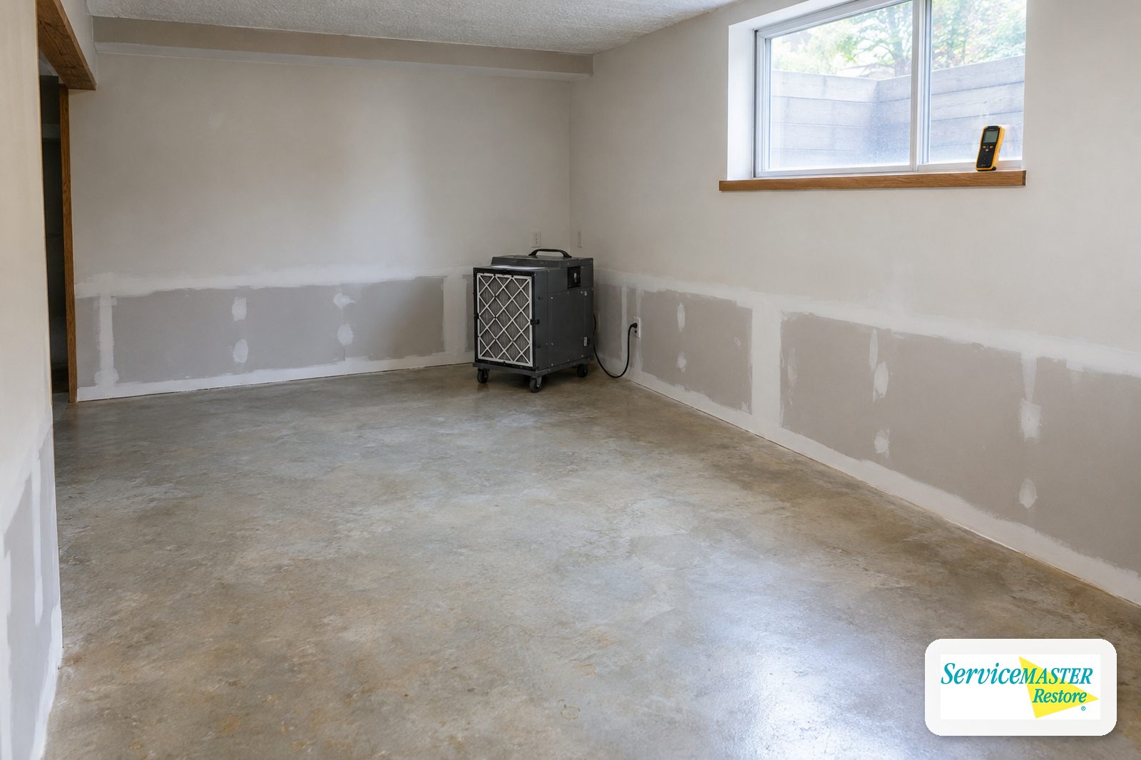 Cleaned lower-level room with patched drywall, bare concrete floor and a HEPA air scrubber running