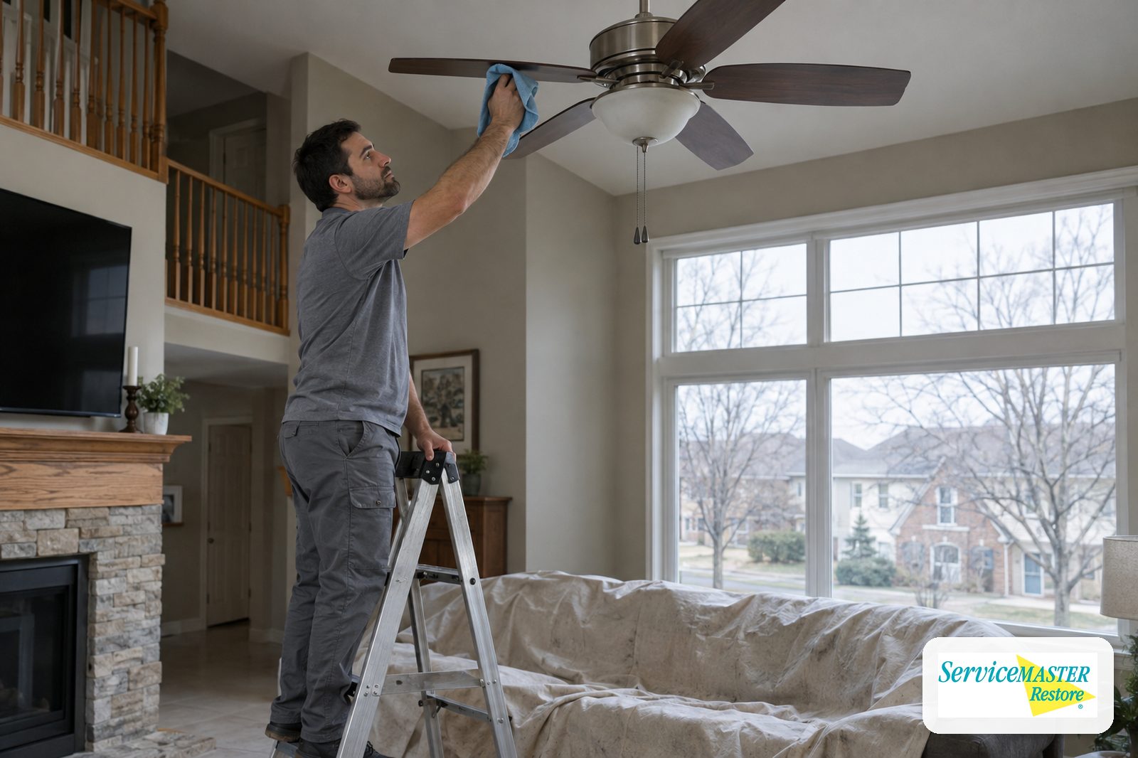Technician on a step ladder wiping ceiling fan blades with a cloth above a covered couch
