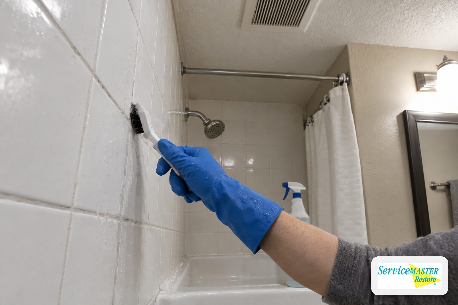Gloved hand scrubbing shower tile grout with a narrow brush