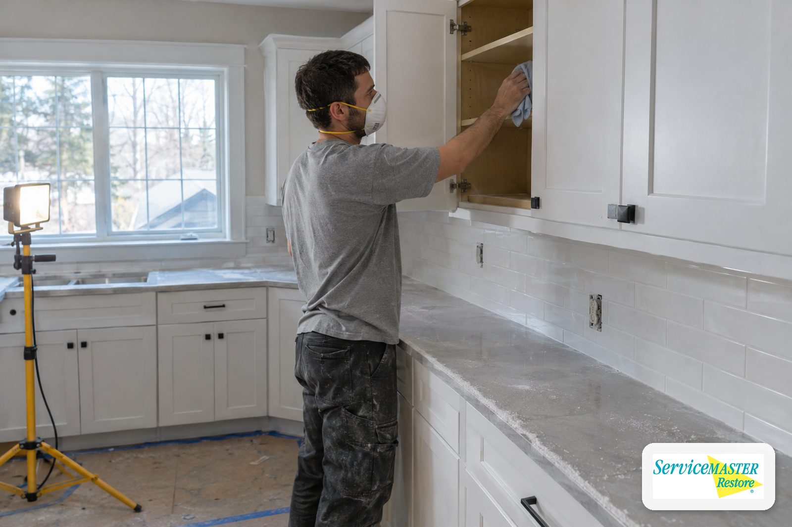 Technician wearing a respirator wiping fine dust inside a new kitchen cabinet after a remodel