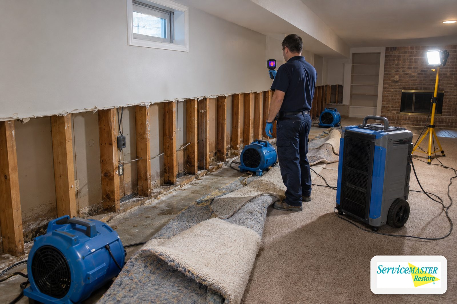 Finished basement with carpet pulled back, lower drywall removed and drying equipment running while a technician scans a wall