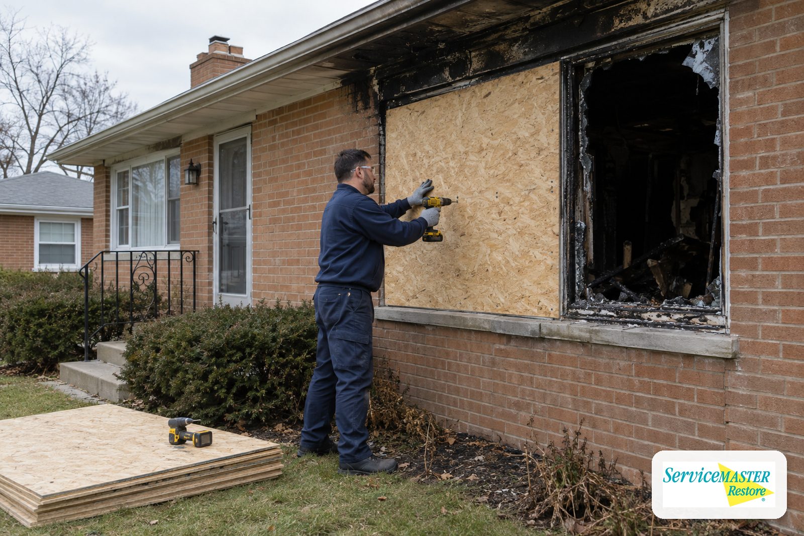 Technician screwing plywood over a broken window on a fire-damaged brick ranch house
