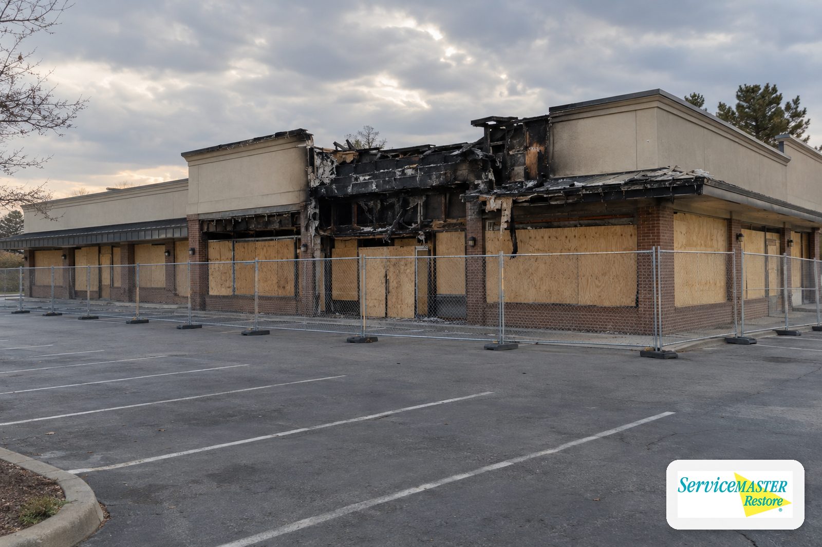 Temporary chain-link fence panels around a boarded-up fire-damaged storefront