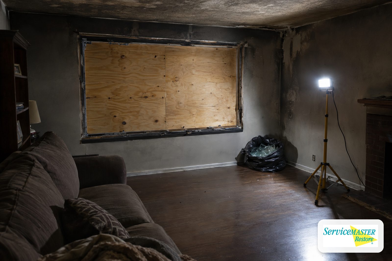 Interior view of a boarded window in a smoke-stained living room lit by a work light
