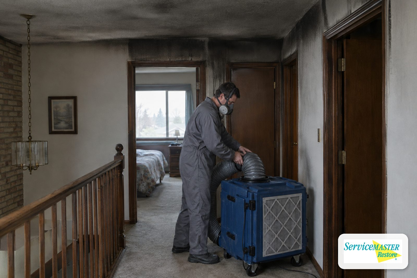 Technician in a respirator setting up a HEPA air scrubber in a soot-shadowed home hallway