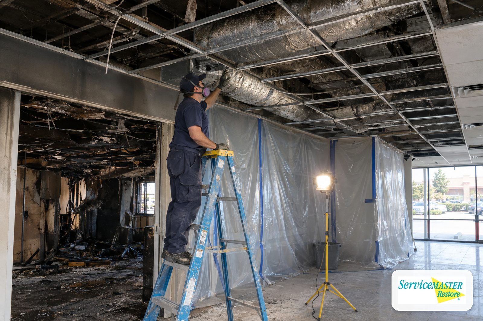 Worker on a stepladder inspecting ductwork in an open ceiling plenum of a retail suite