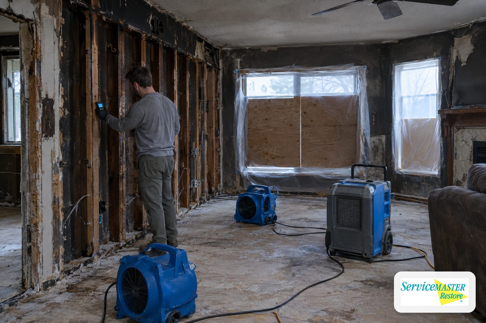 Technician taking a moisture reading on exposed studs beside air movers and a dehumidifier