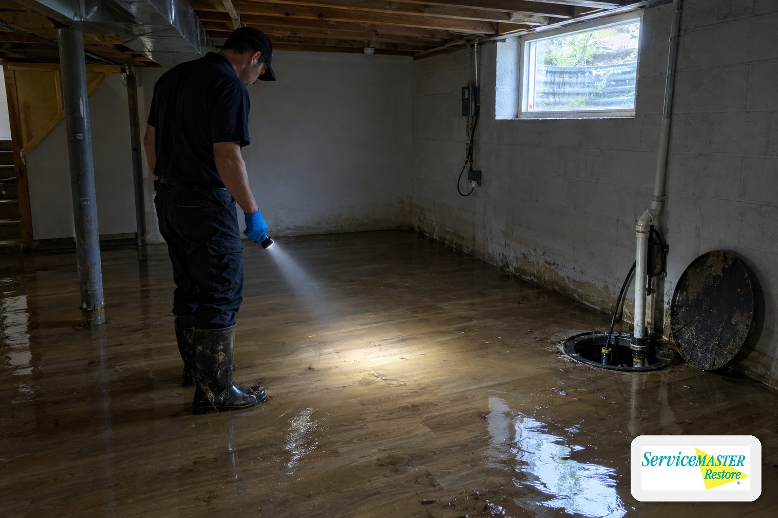 Muddy floodwater covering a finished basement floor next to an open sump pit