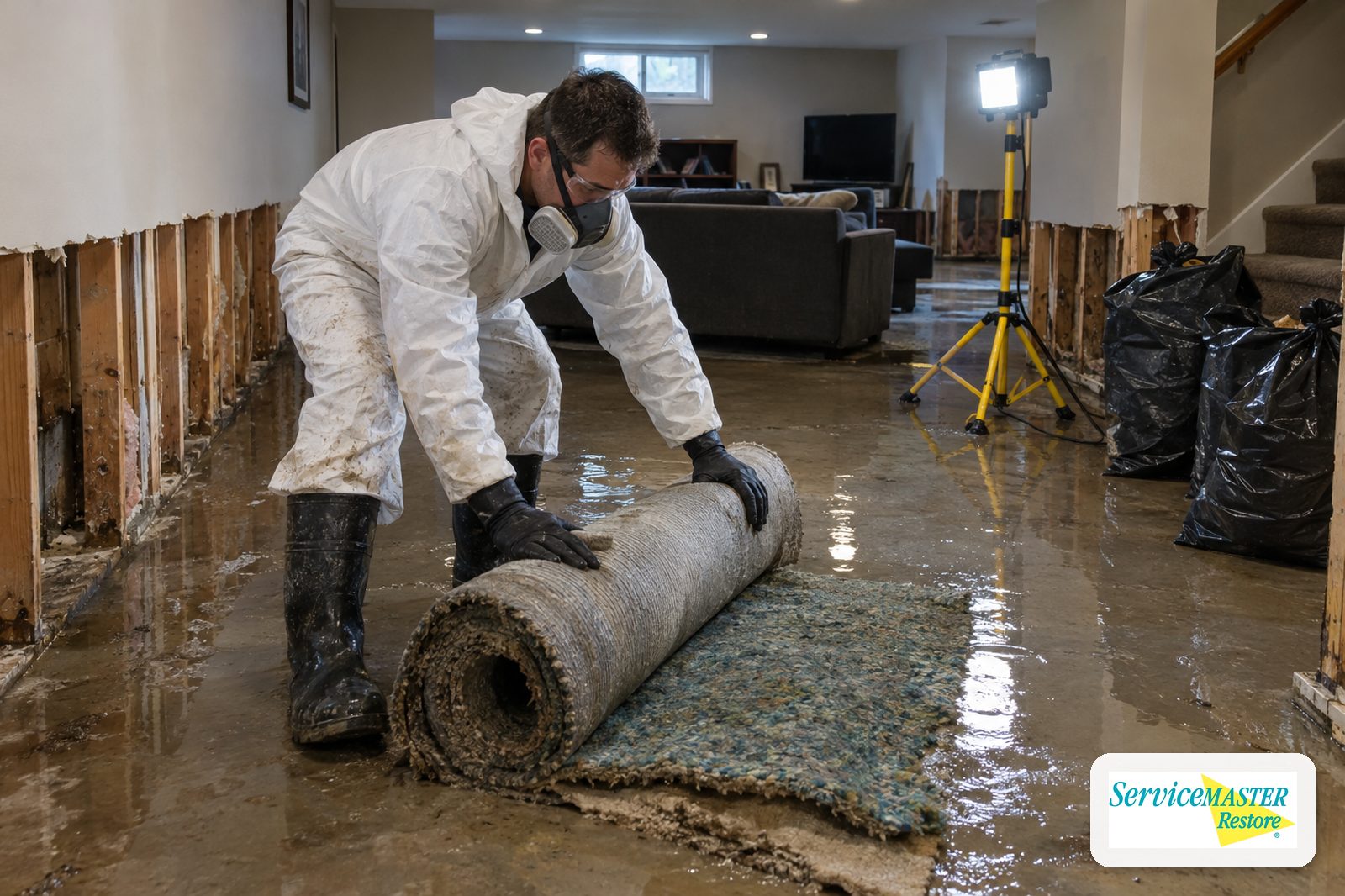 Technician in protective gear removing flood-soaked carpet and pad from a basement