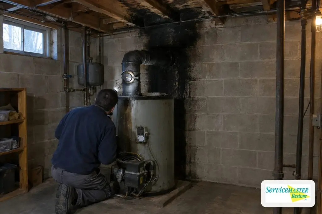 Restoration technician inspecting a soot-covered boiler and flue pipe in a basement utility room after a puffback