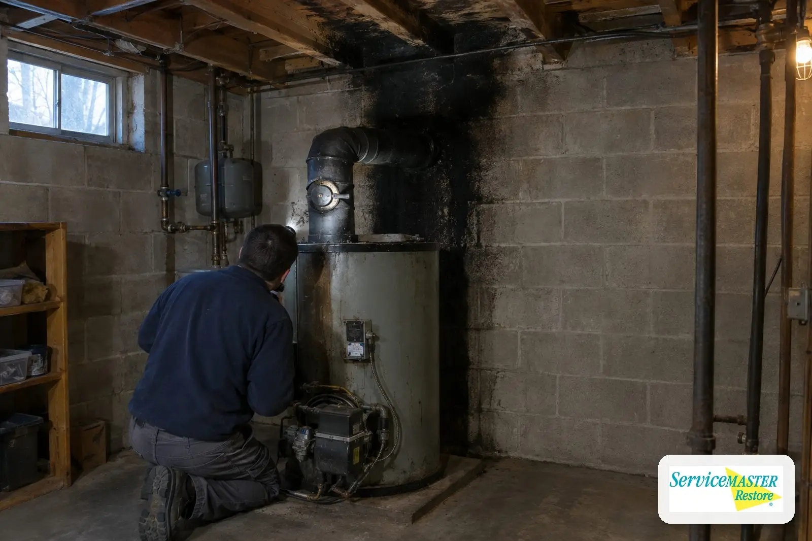 Restoration technician inspecting a soot-covered boiler and flue pipe in a basement utility room after a puffback