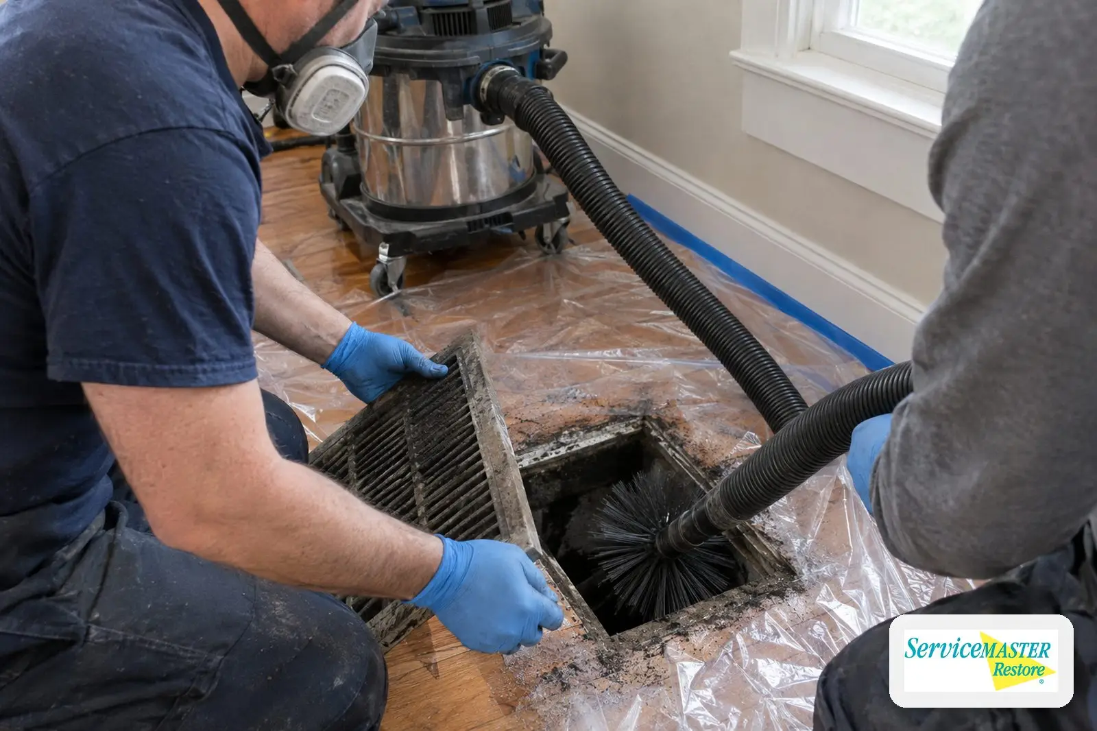Technicians cleaning soot from HVAC ductwork through a floor register with HEPA equipment