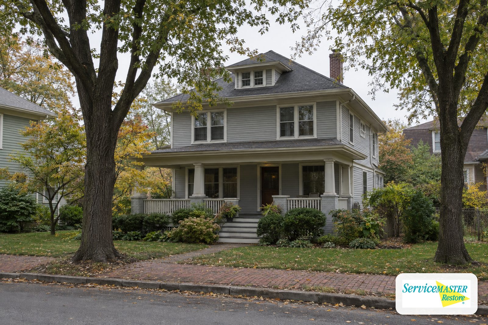 1920s two-story house with a front porch and clapboard siding on a tree-lined suburban street