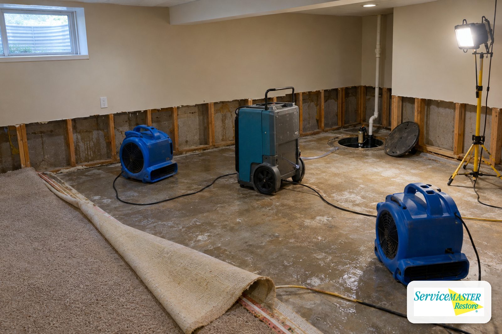 Finished basement with carpet pulled back, drywall cut low, air movers and a dehumidifier running near a sump pit