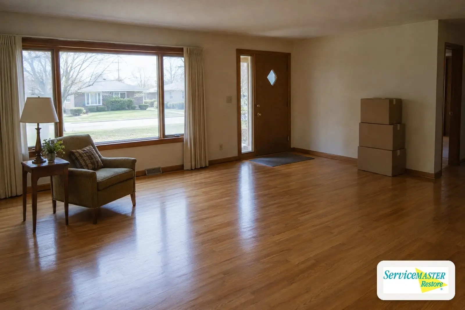 Cleared, tidy living room with a few sealed boxes stacked neatly by the wall after a hoarding cleanup