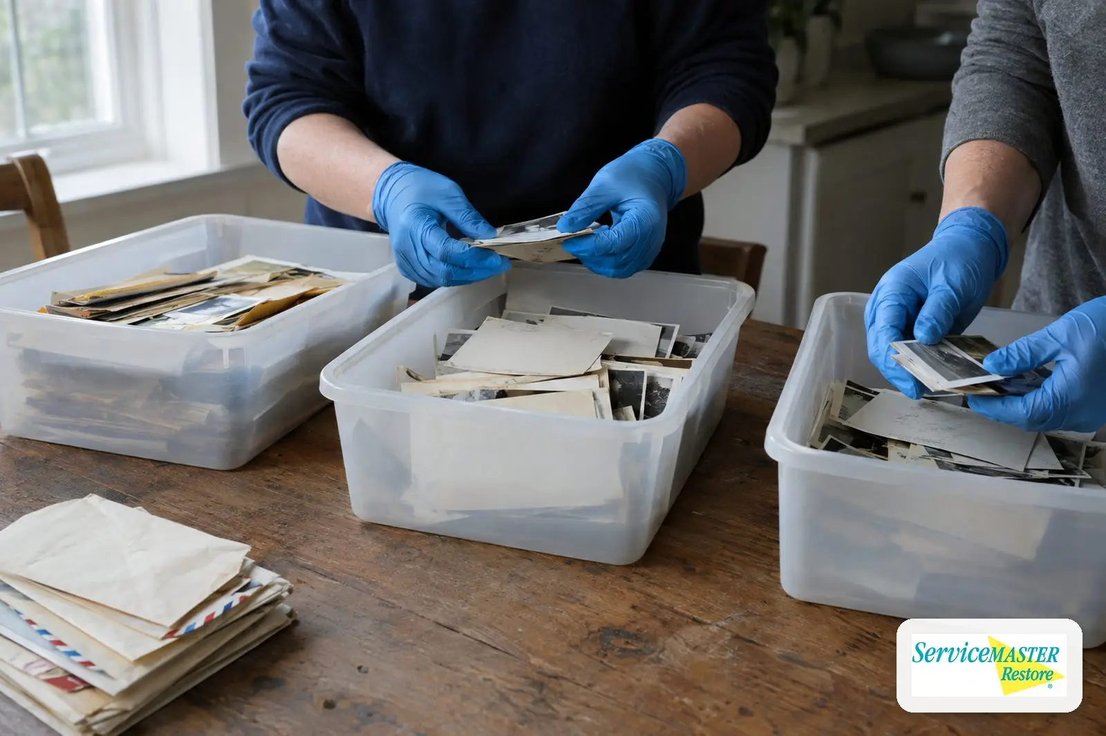 Gloved hands carefully sorting papers and keepsakes into plain bins on a kitchen table