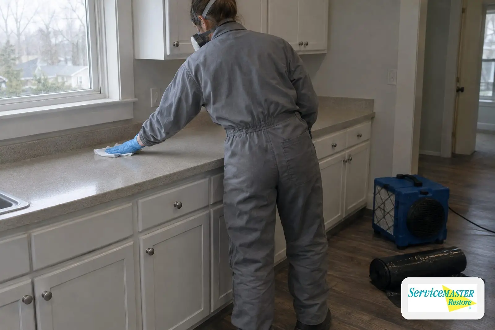 Technician in protective equipment, seen from behind, sanitizing a cleared kitchen counter