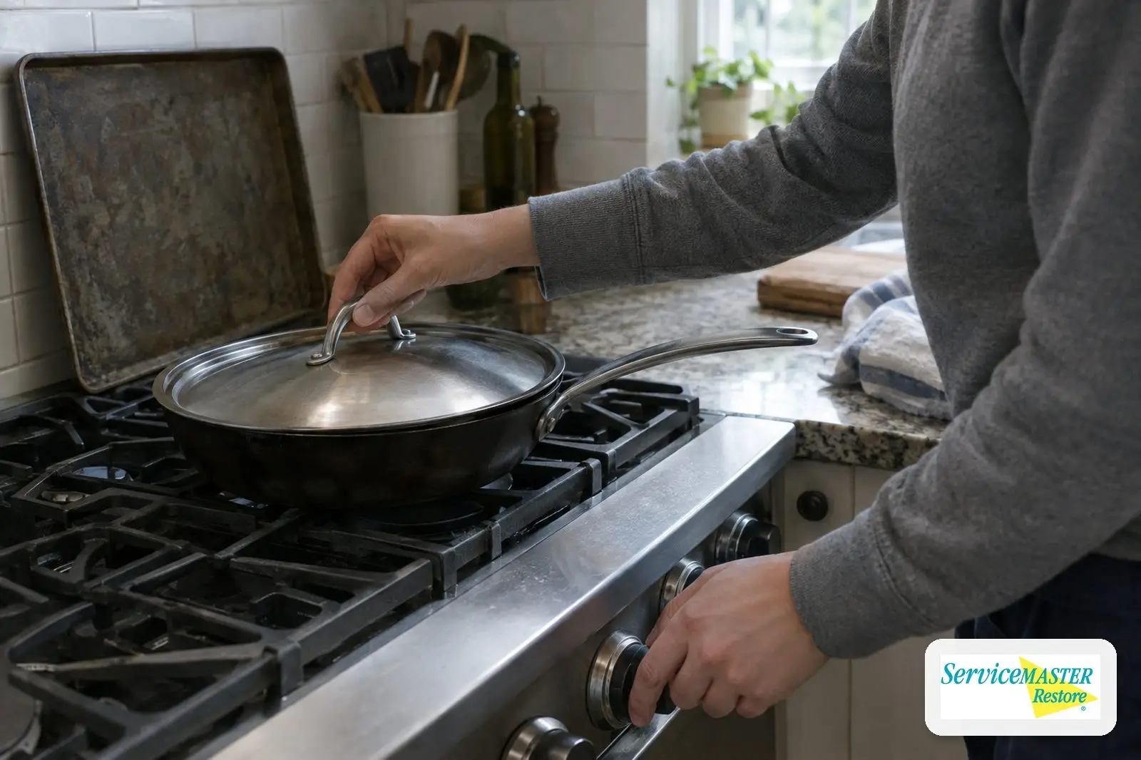 Hand sliding a lid over a frying pan while turning off the burner