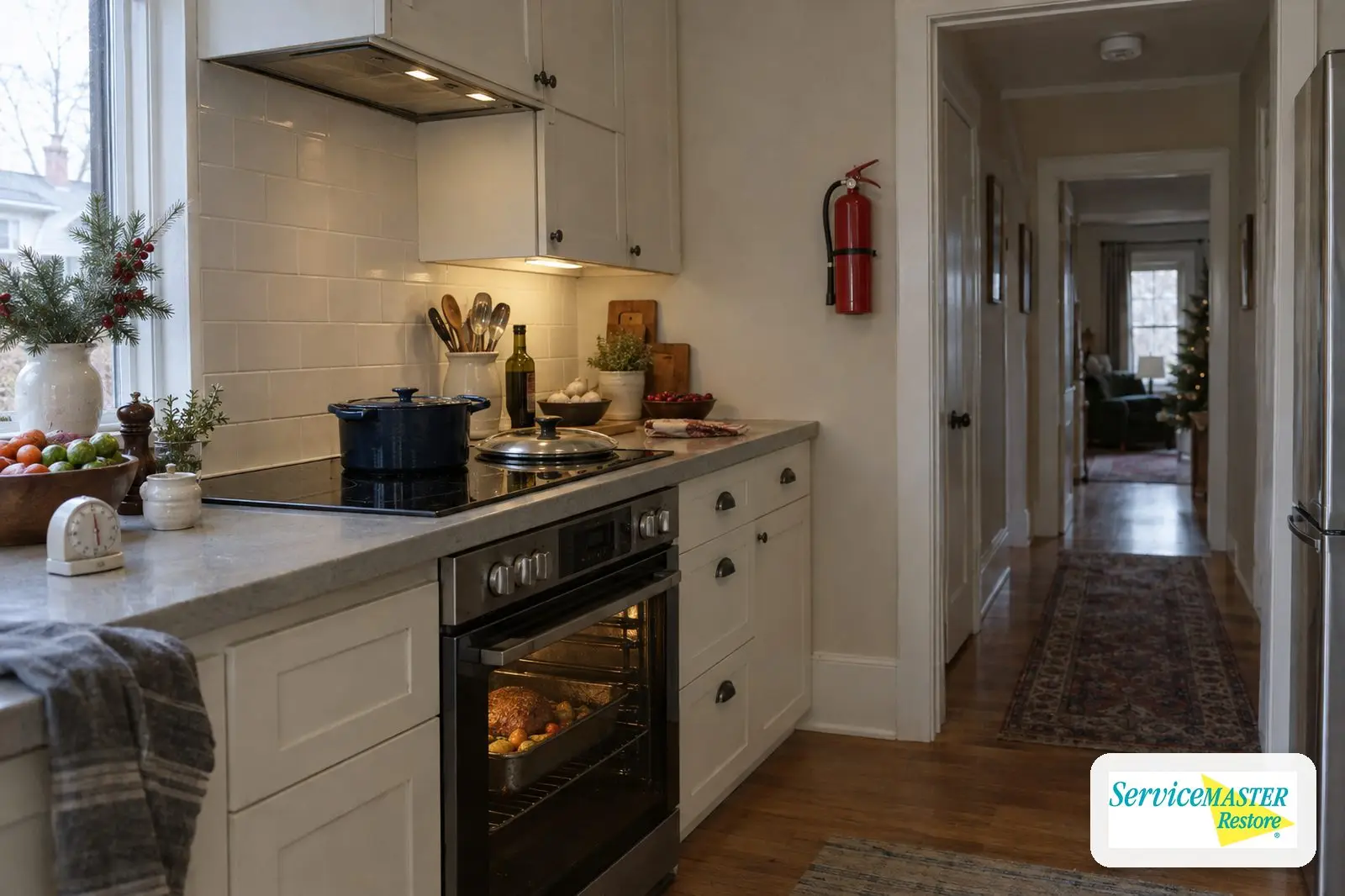 Holiday kitchen with a wall-mounted fire extinguisher, timer and pan lid ready by the stove
