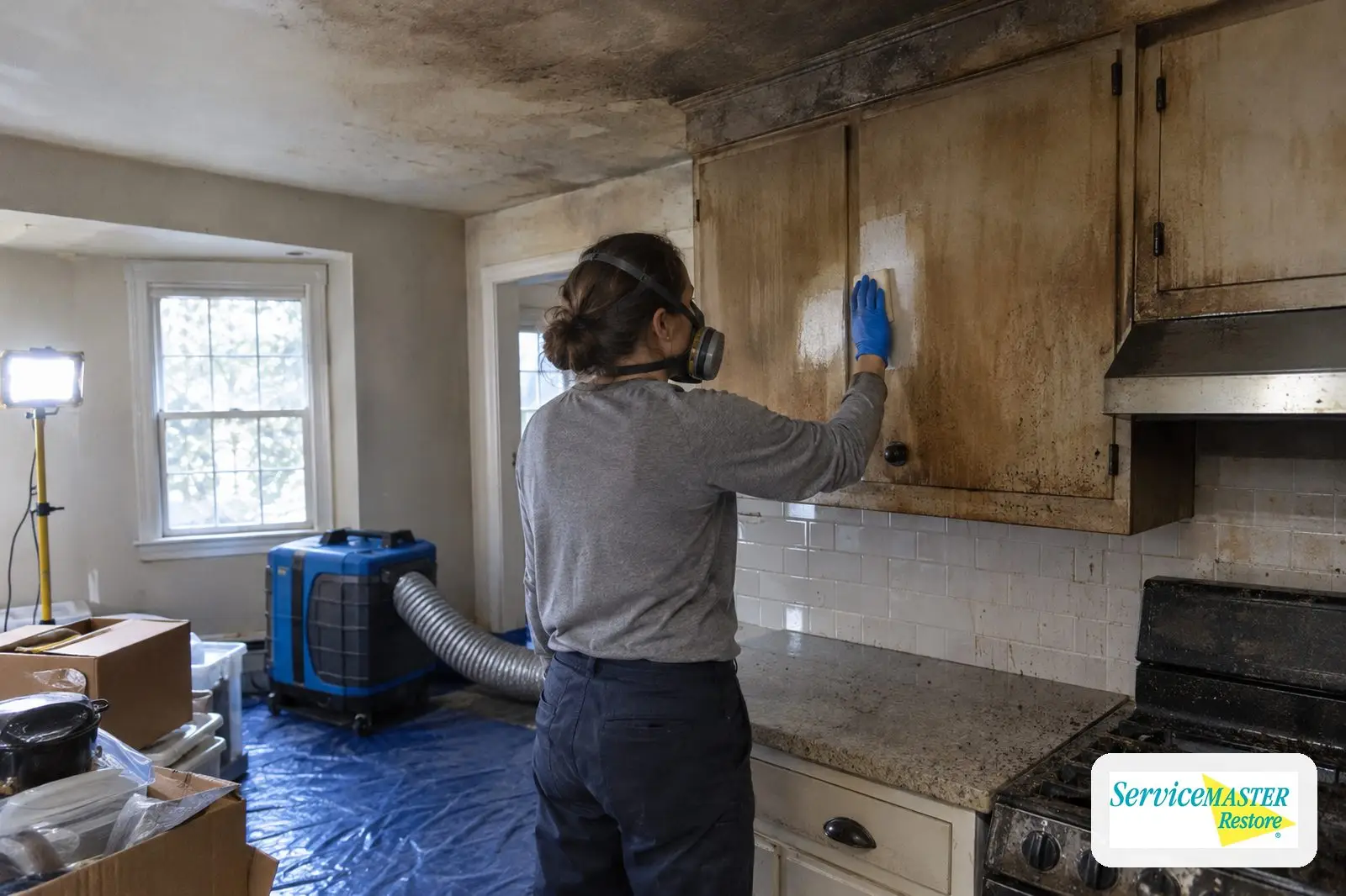 Technician test-cleaning greasy soot from kitchen cabinets after a cooking fire