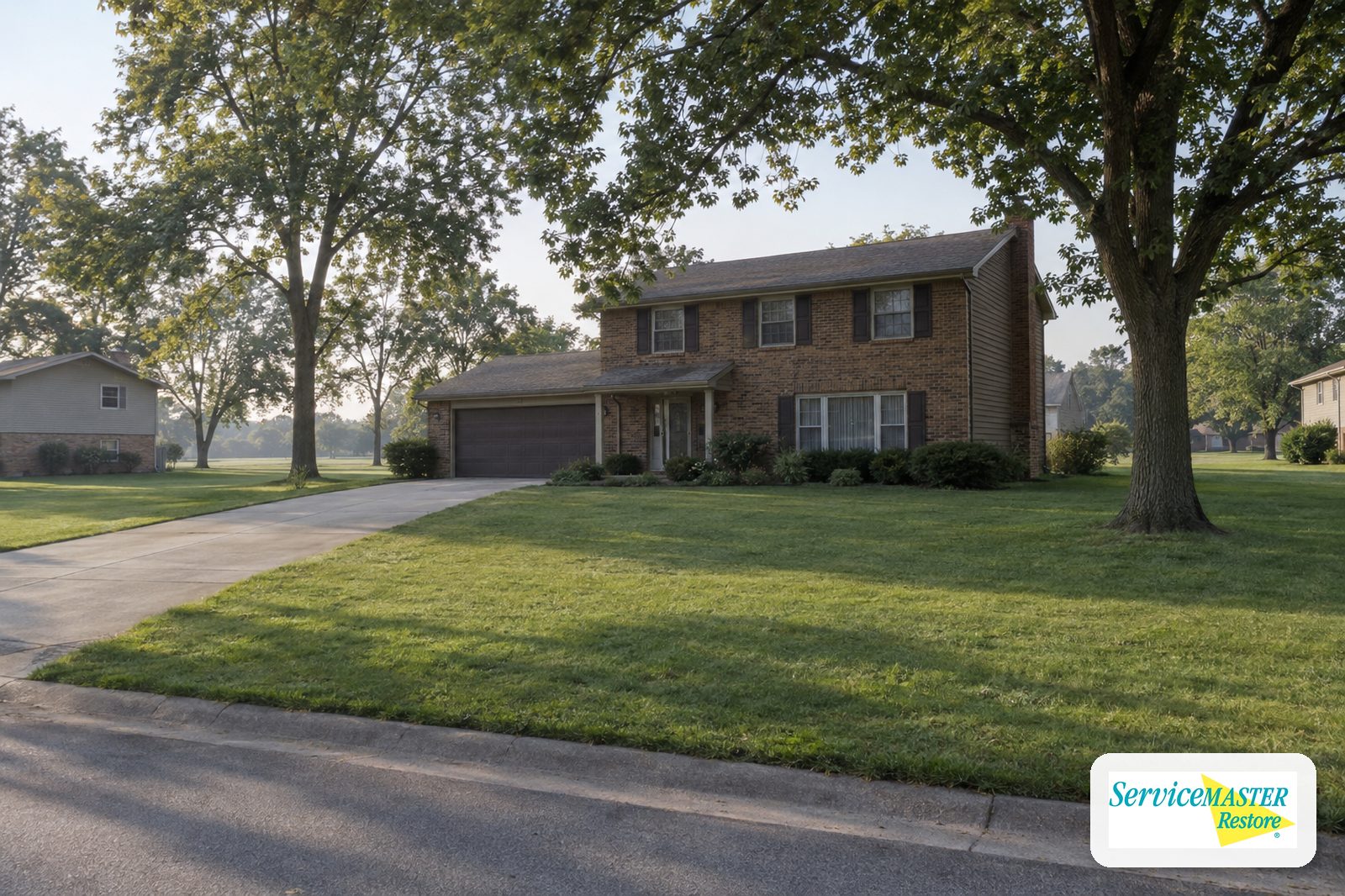 1980s two-story brick and cedar-sided house on a large lot with mature trees and a long driveway