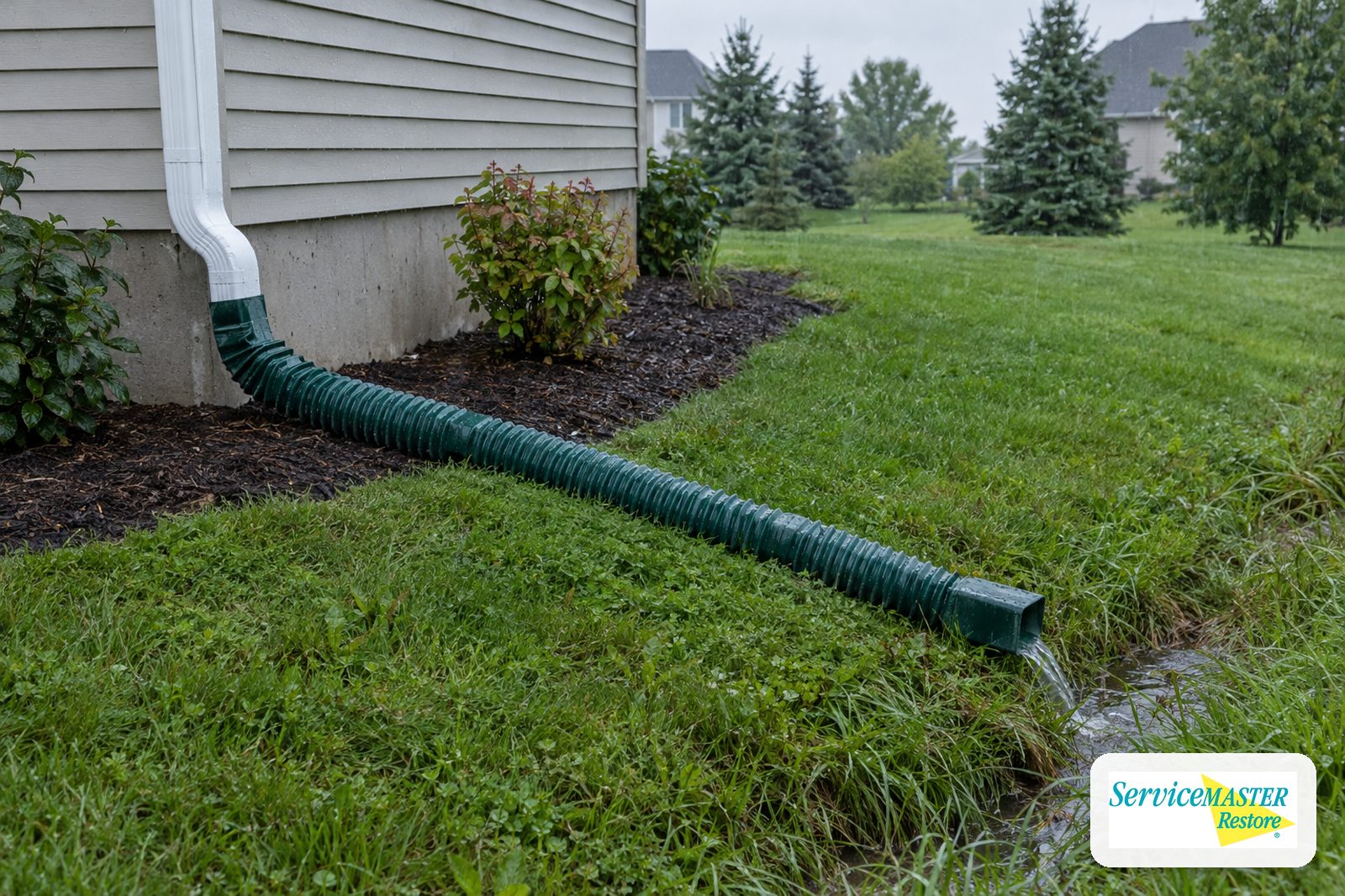 Downspout with a long extension carrying rainwater away from a house foundation toward a grassy swale