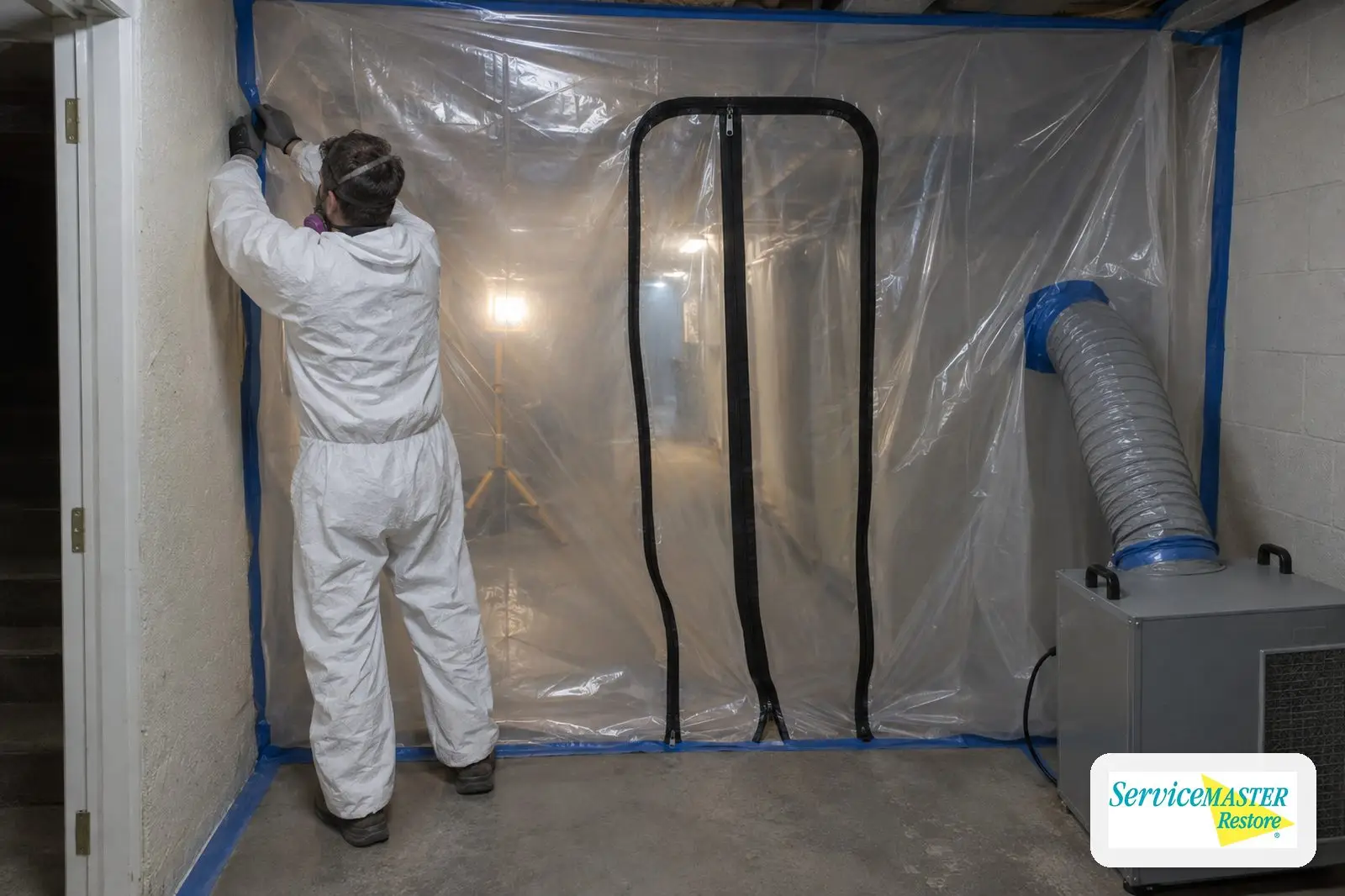 Plastic sheeting containment with zippered door and air filtration unit set up in a basement