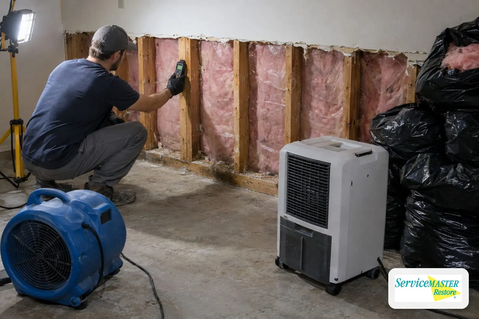 Exposed wall studs being checked with a moisture meter while drying equipment runs
