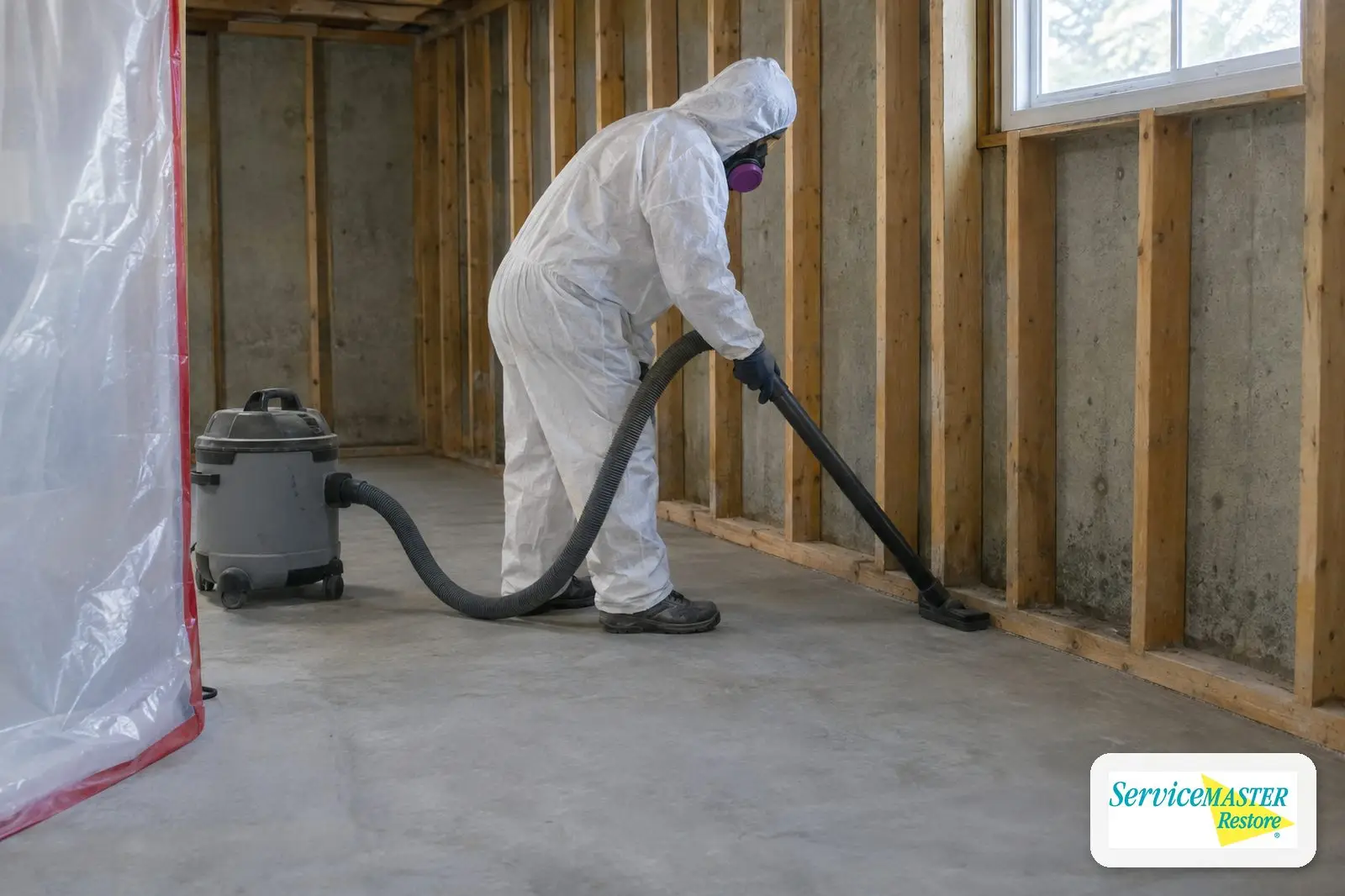 Worker HEPA vacuuming dried wall framing during final cleaning after mold removal