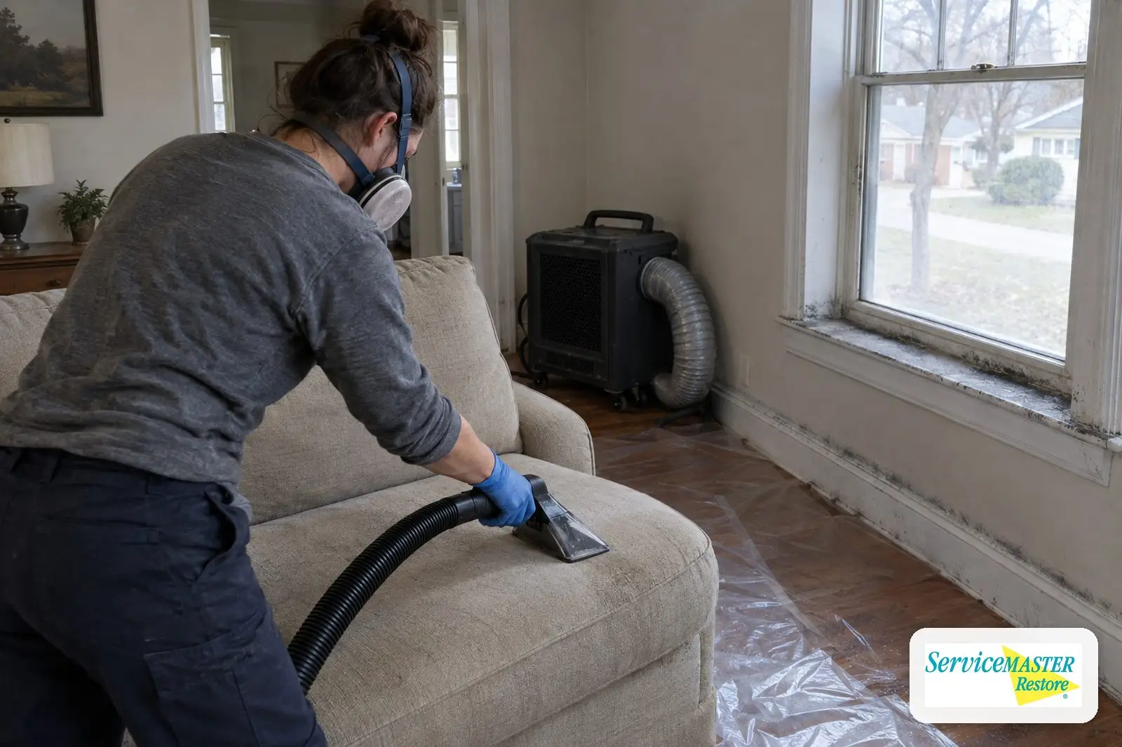 Technician HEPA-vacuuming a fabric sofa to remove smoke residue in a suburban living room