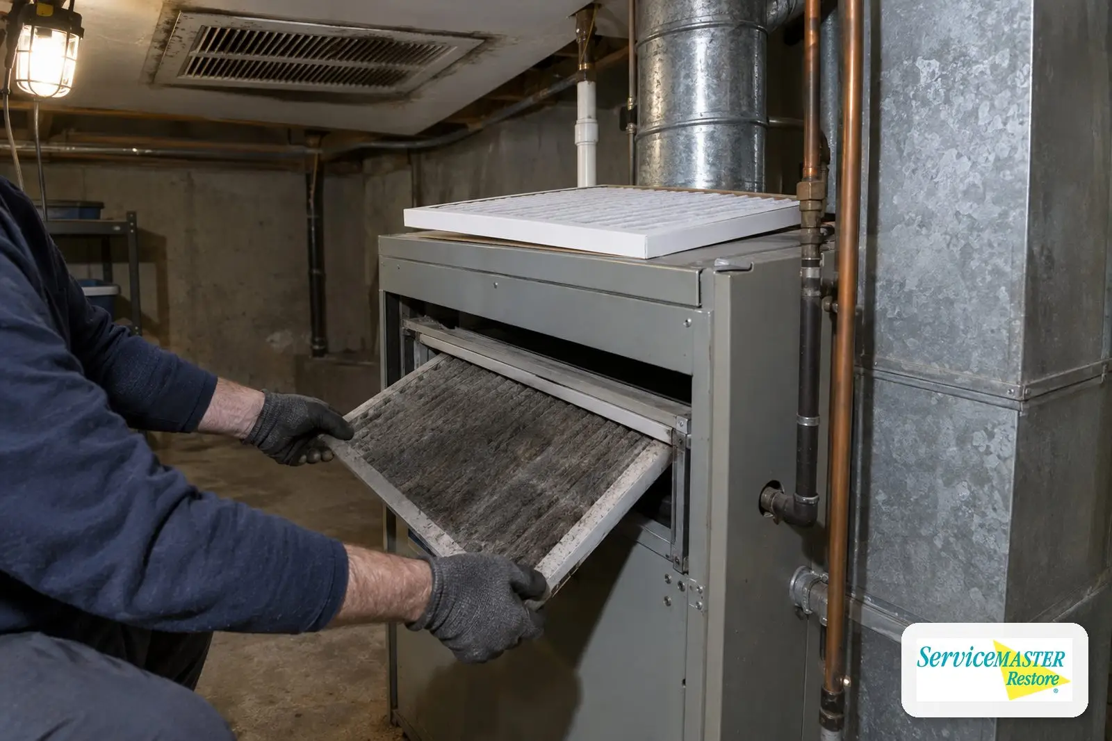 Gloved hands replacing a soot-darkened furnace filter in a basement utility room