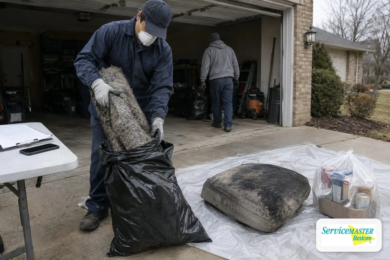 Worker bagging smoke-damaged carpet pad and cushions after photographing them for the insurance claim