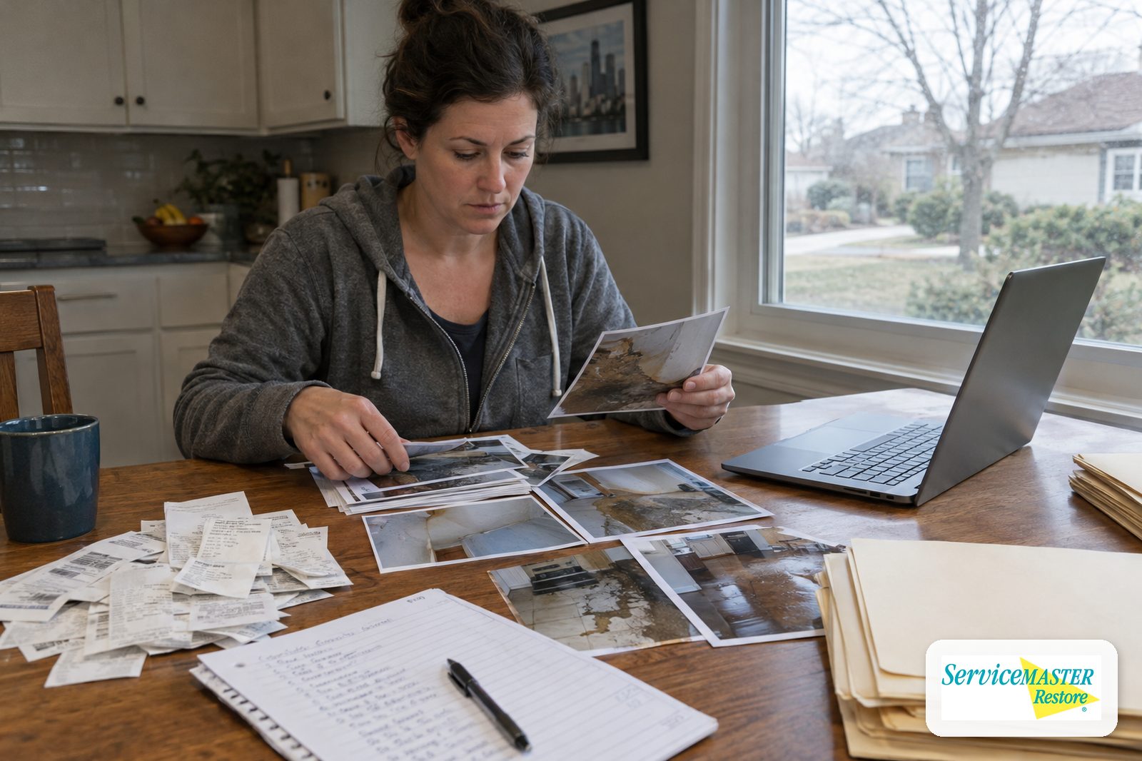 Homeowner organizing damage photos, receipts and an inventory list at a kitchen table