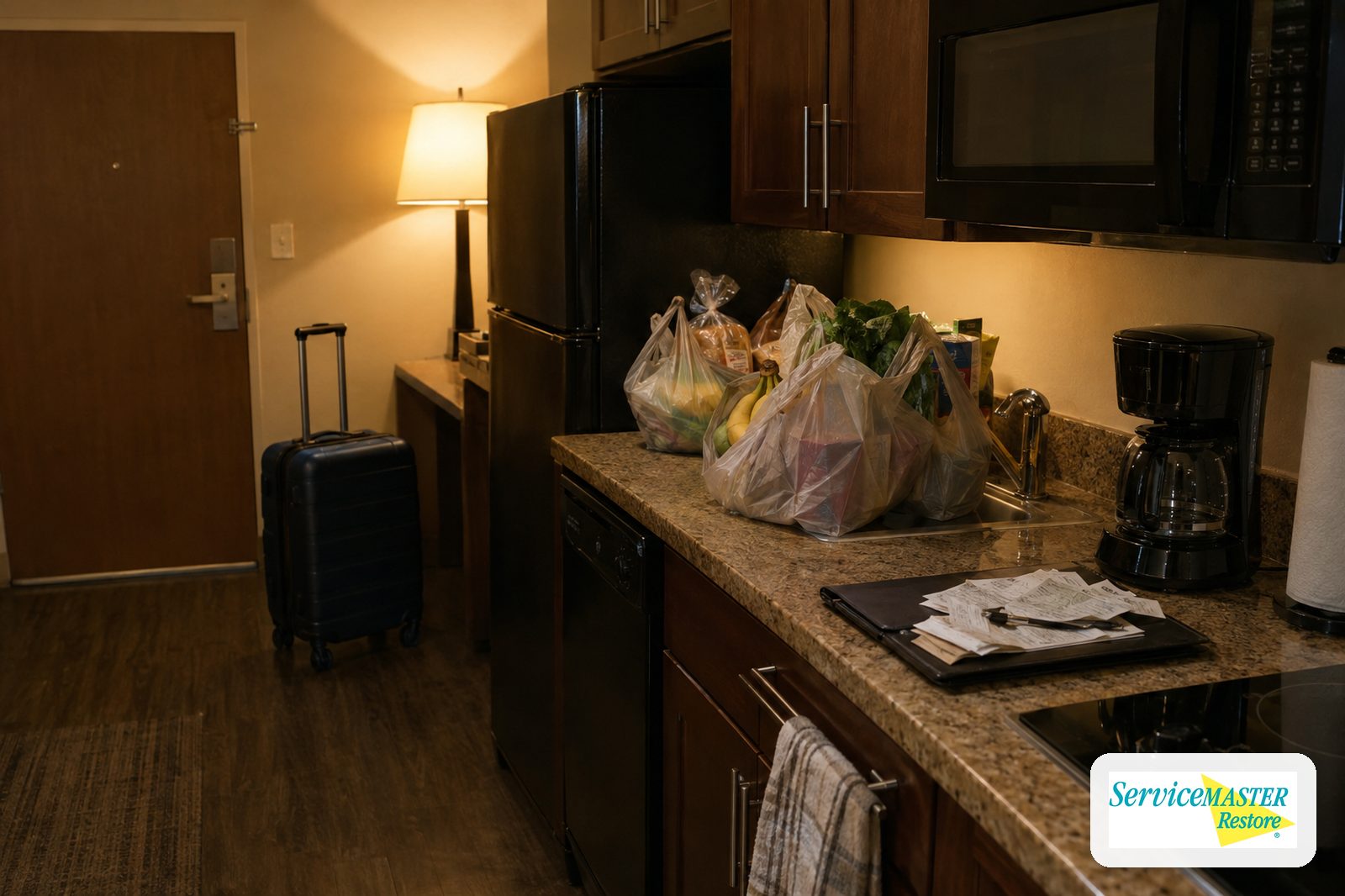 Hotel kitchenette with grocery bags, a receipt folder and a suitcase by the door