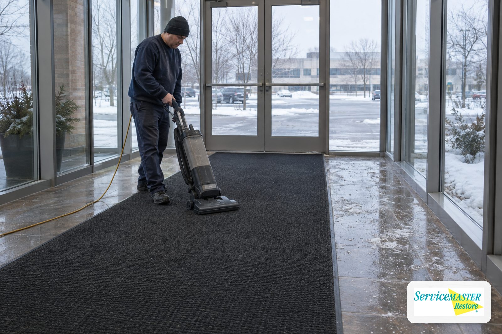 Worker vacuuming a walk-off entrance mat in an office vestibule with winter salt residue on the tile