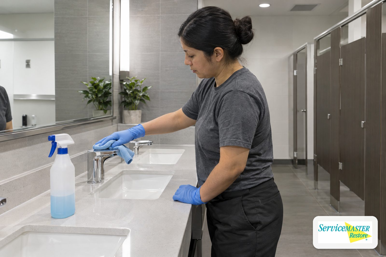 Gloved worker wiping a restroom sink faucet with a microfiber cloth