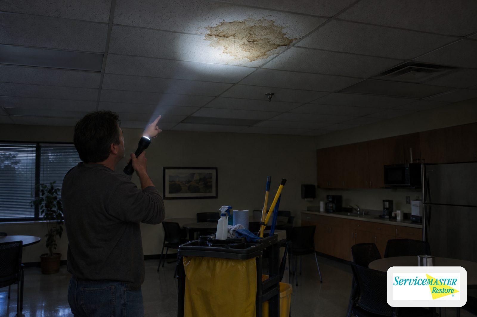 Janitorial worker pointing a flashlight at a water-stained ceiling tile above a break room