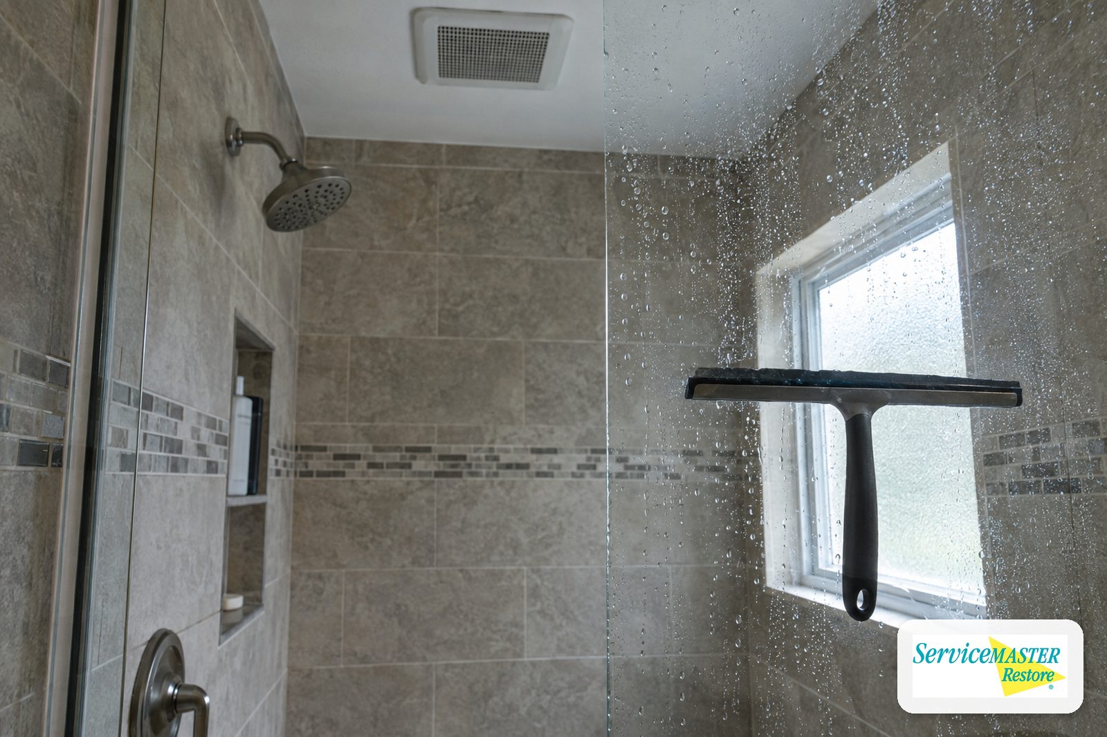 Squeegee drying a glass shower door below a ceiling exhaust fan
