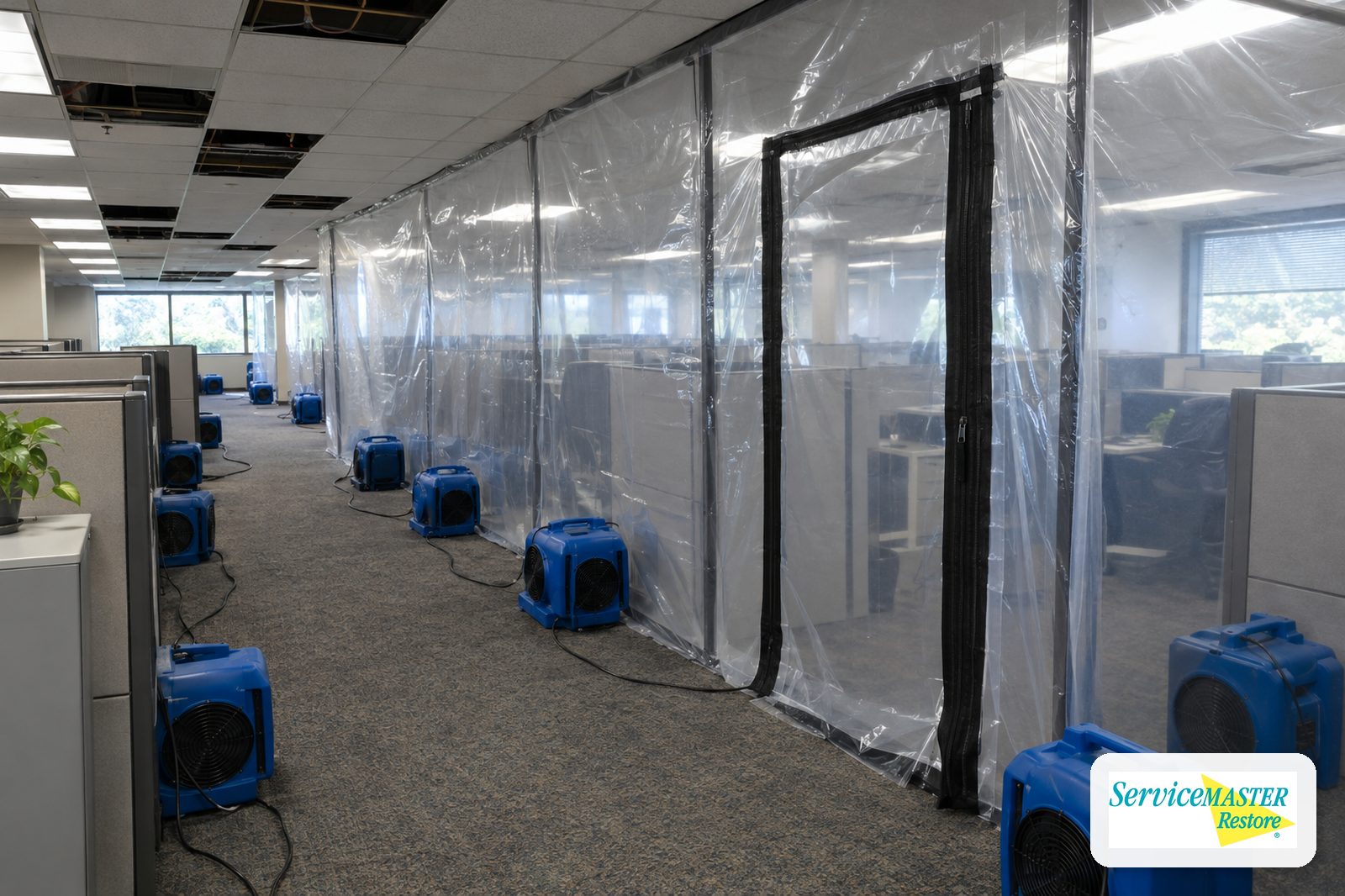 Poly containment walls dividing a wet office floor into drying zones with air movers
