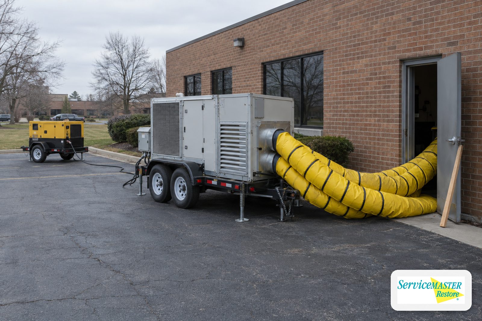 Trailer-mounted desiccant dehumidifier ducting dry air into a commercial building
