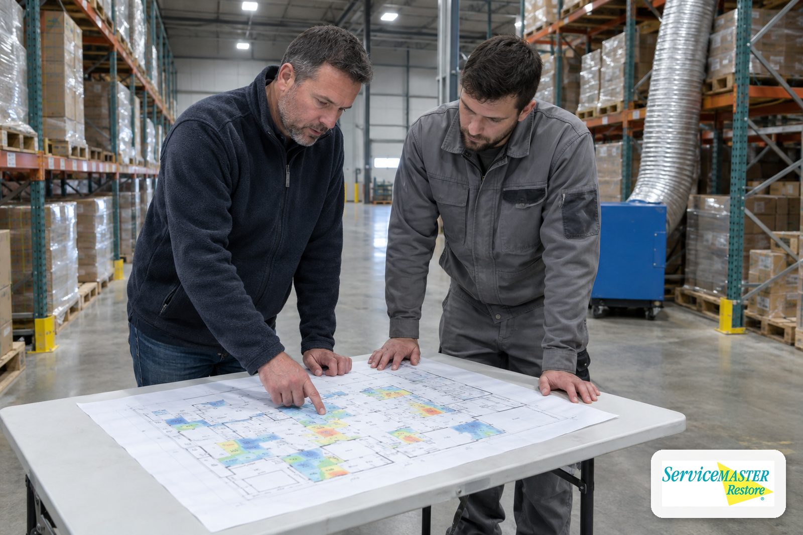 Facility manager and technician reviewing a moisture map on a warehouse floor plan