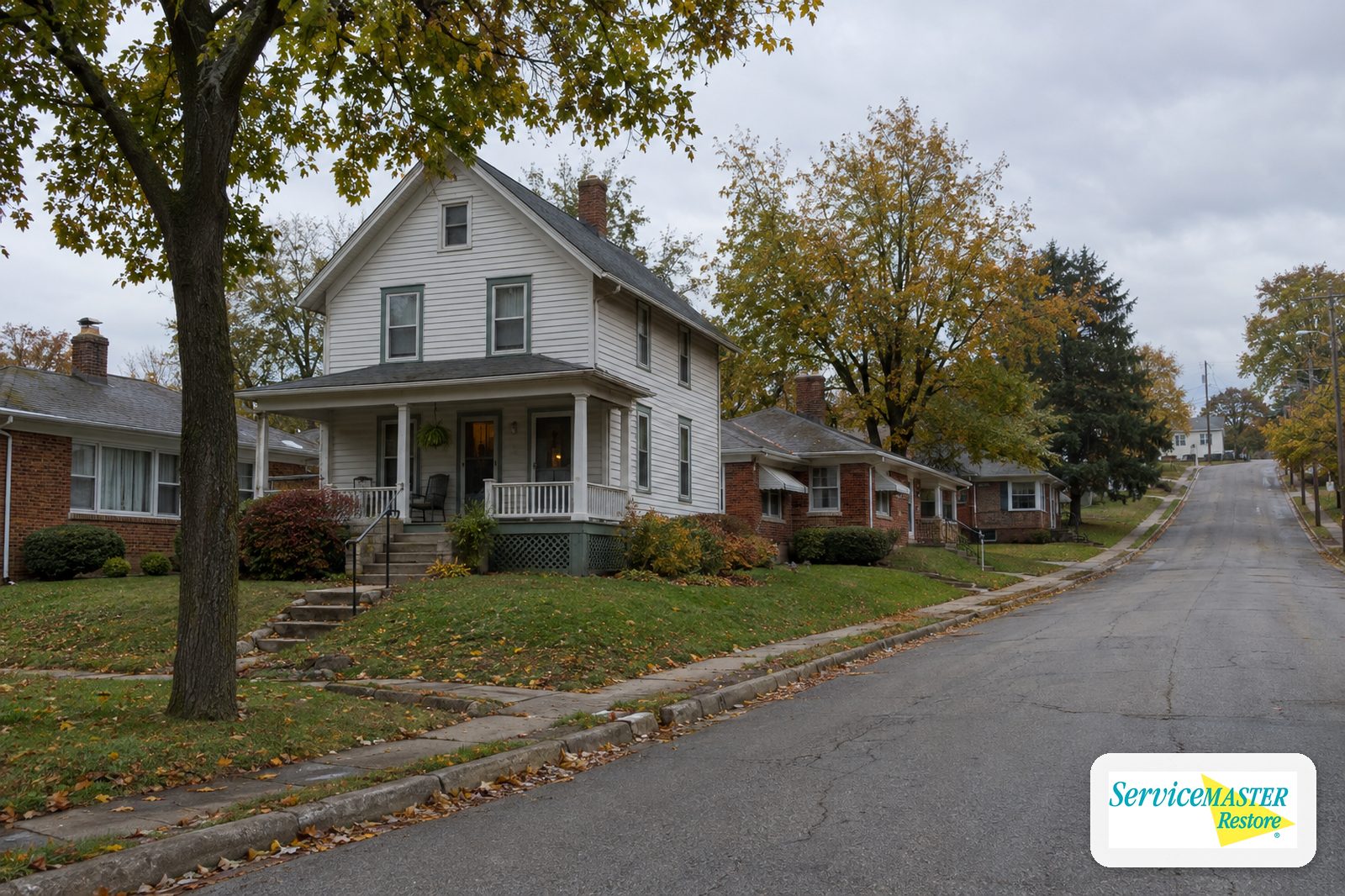 Older two-story frame house with a porch on a sloping street next to mid-century brick homes