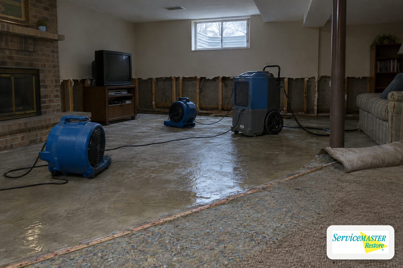 Flooded finished basement with carpet pulled back, drywall cut low and drying equipment running