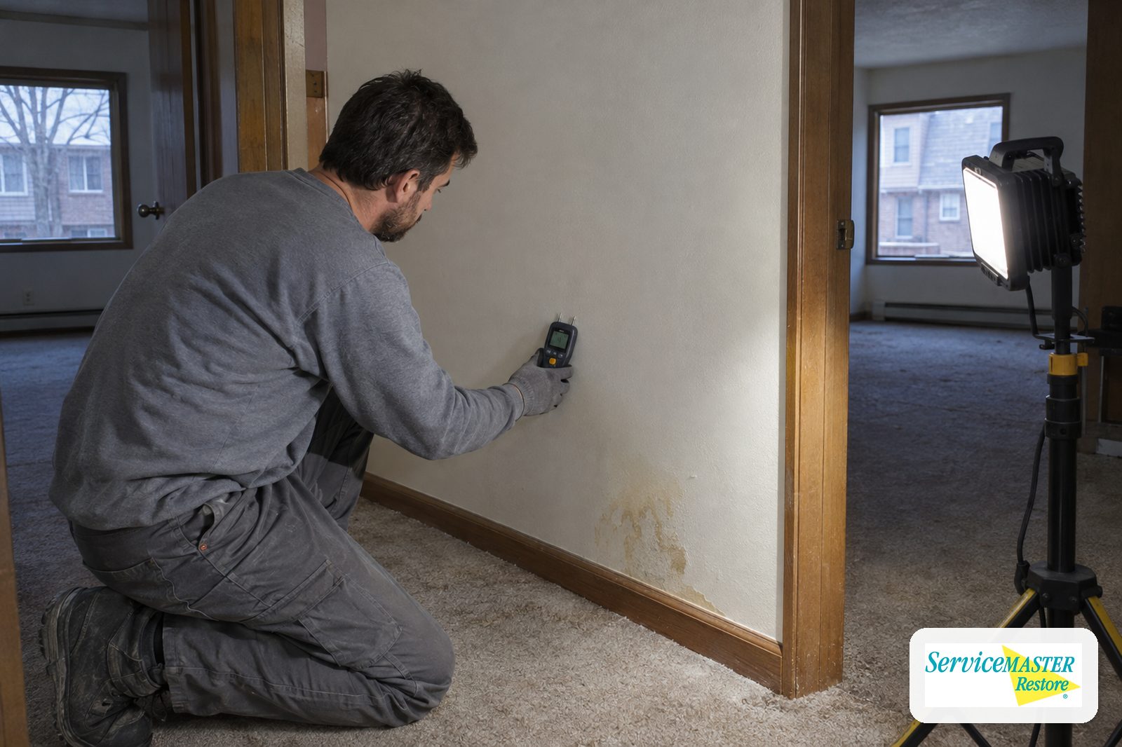 Technician checking a townhome party wall with a moisture meter near a water stain