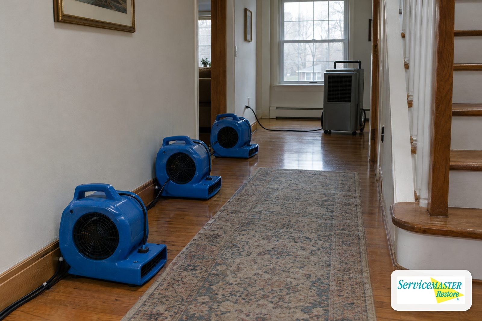 Air movers lined up along a baseboard with a dehumidifier in a lower-level hallway