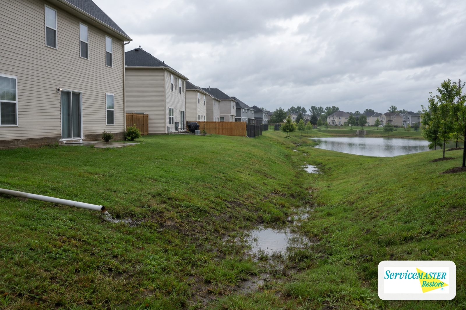 Grassy drainage swale behind newer two-story homes leading toward a detention pond after rain
