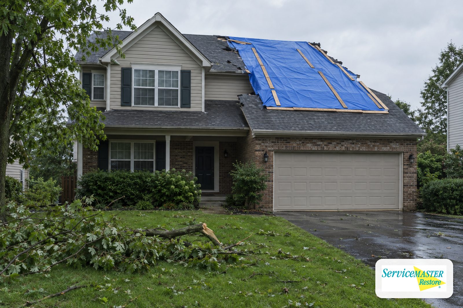 Blue tarp fastened with wood battens over storm-damaged shingles on a suburban house roof, with a fallen limb on the lawn