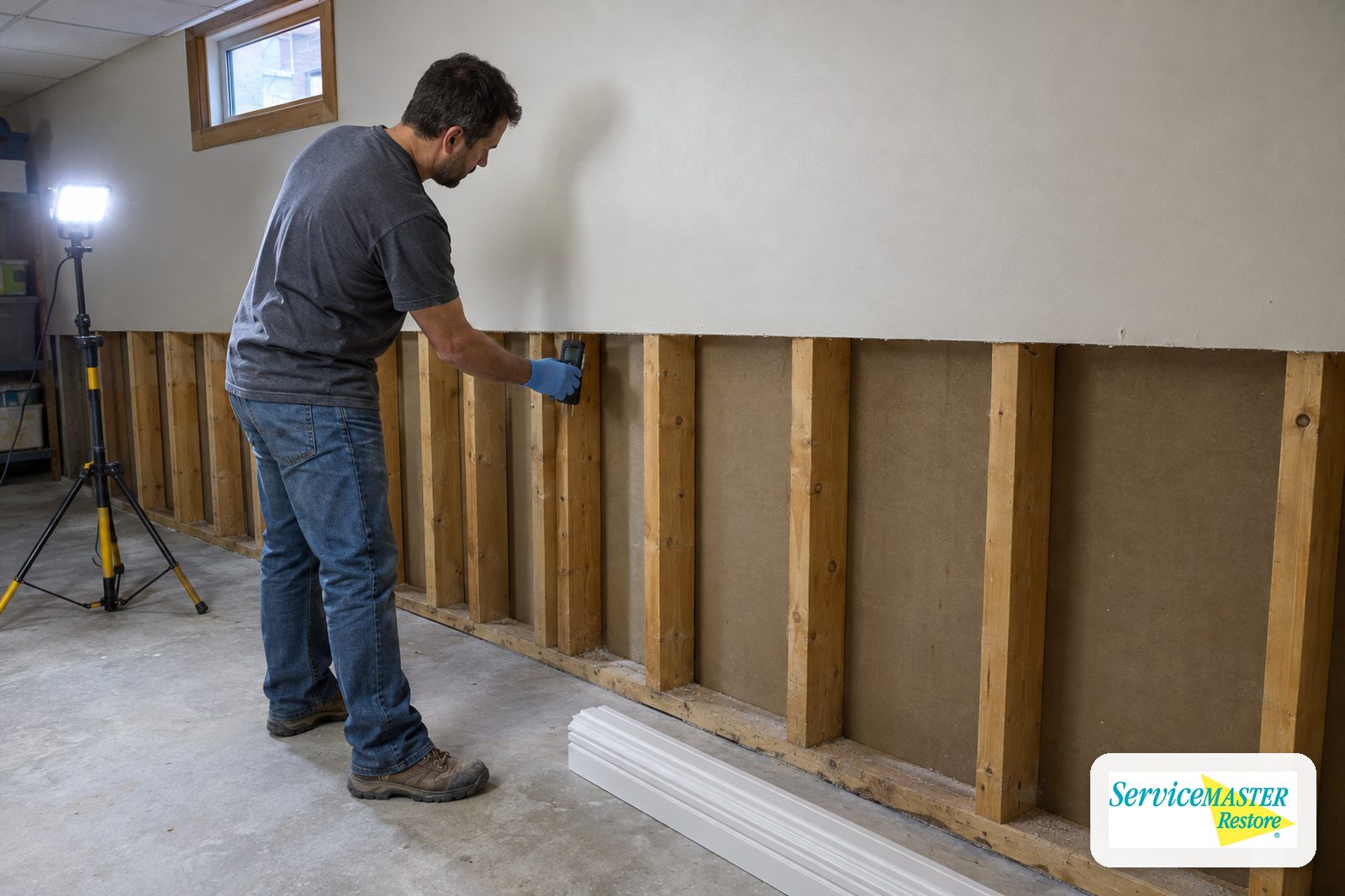 Basement wall with a drywall flood cut exposing studs while a technician checks moisture