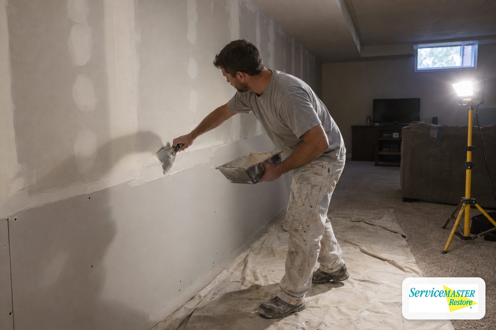 Drywall finisher applying joint compound to a new lower wall panel in a basement